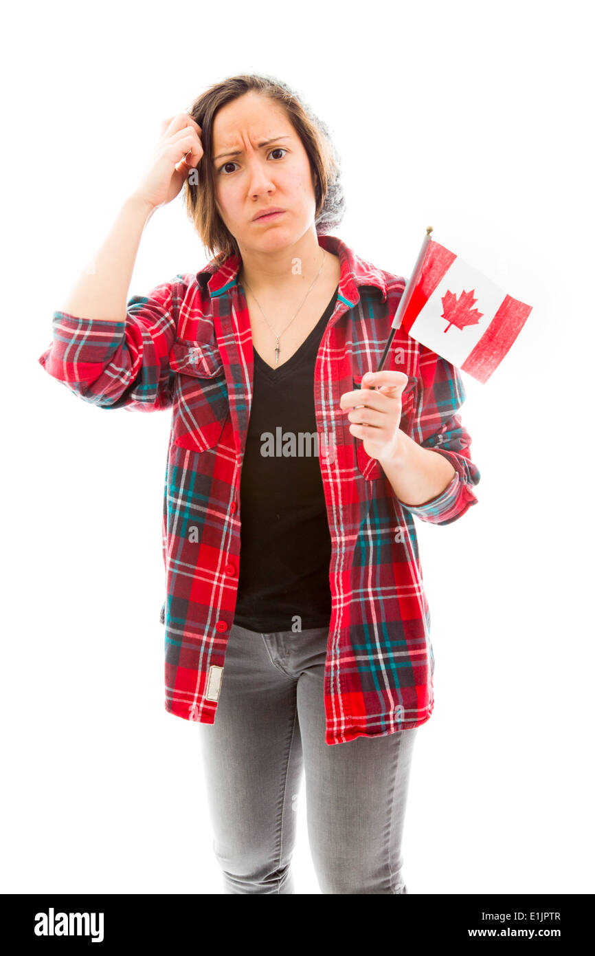 Verwirrt Frau mit Kanada Flagge Stockfoto