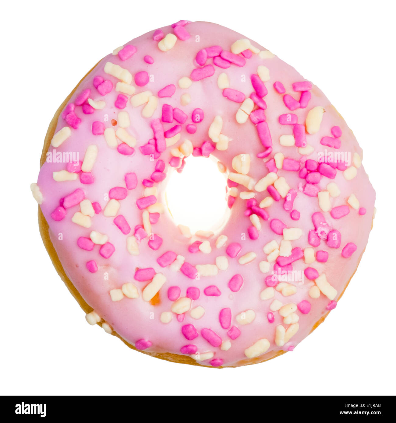 Donut Ring mit Streuseln & rosa Zuckerglasur. Einzelne Donut glasiert mit Erdbeere auf weißem Hintergrund isoliert Glasur. Stockfoto