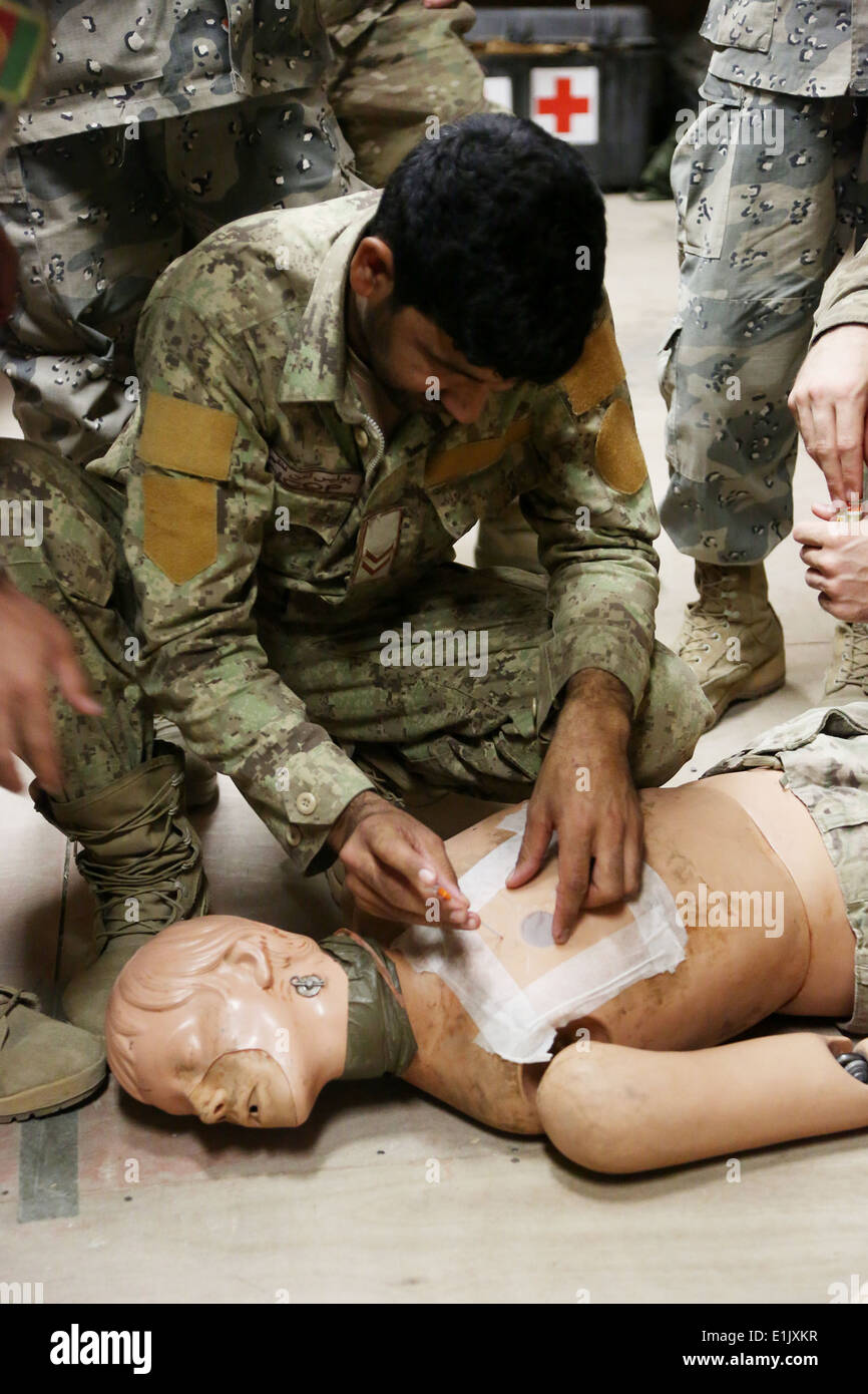 Afghanischen nationalen zivilen Auftrag Polizei SGT Kaleem Ullah, kniend, mit der afghanischen Grenze Polizei Zone 1 Sitz in Jalalabad, Stockfoto