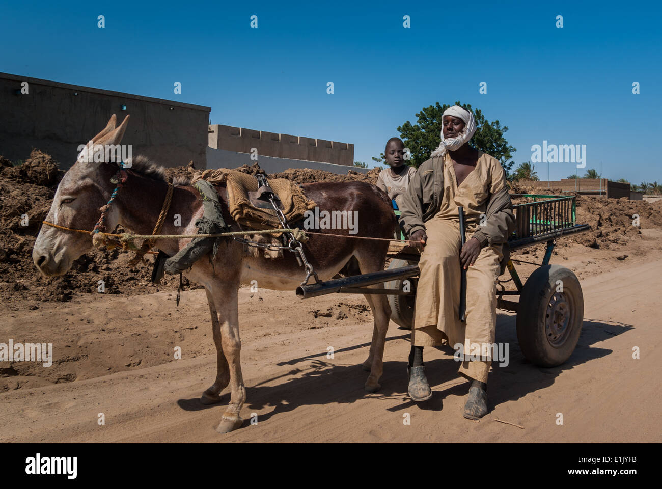 Mann mit Sohn auf den Esel Wagen, Kerma, Nord-Sudan Stockfoto