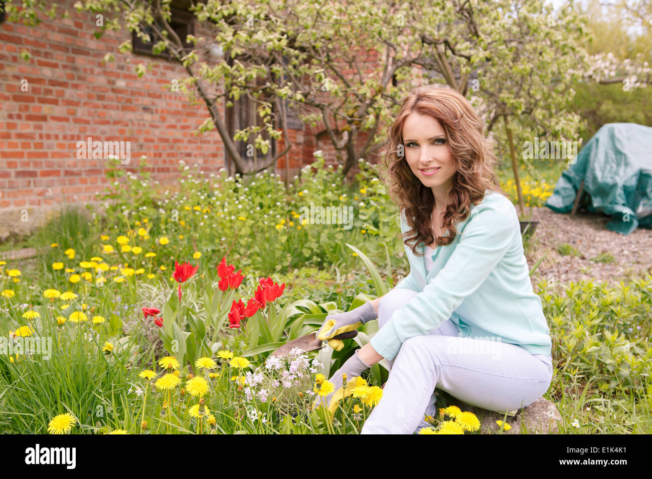 Frau im Garten anpflanzen Stockfoto