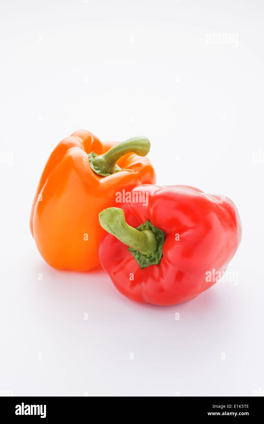 Zwei Paprika eine rote und eine orange Om einen weißen Hintergrund. (Paprika) Capsicum Annuum Var Annuum Paprika gehören zu den Stockfoto