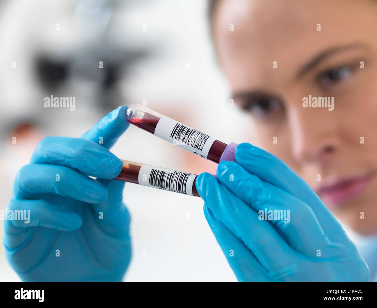 Wissenschaftlerin mit Blutproben in Reagenzgläsern. Stockfoto