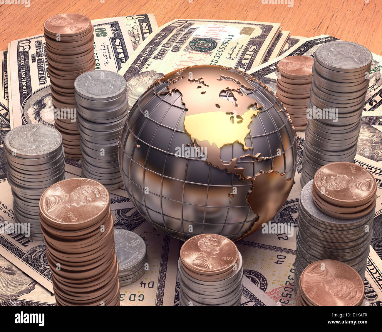 US-Münzen und Dollarnoten mit Metall Globus Computer Artwork. Stockfoto