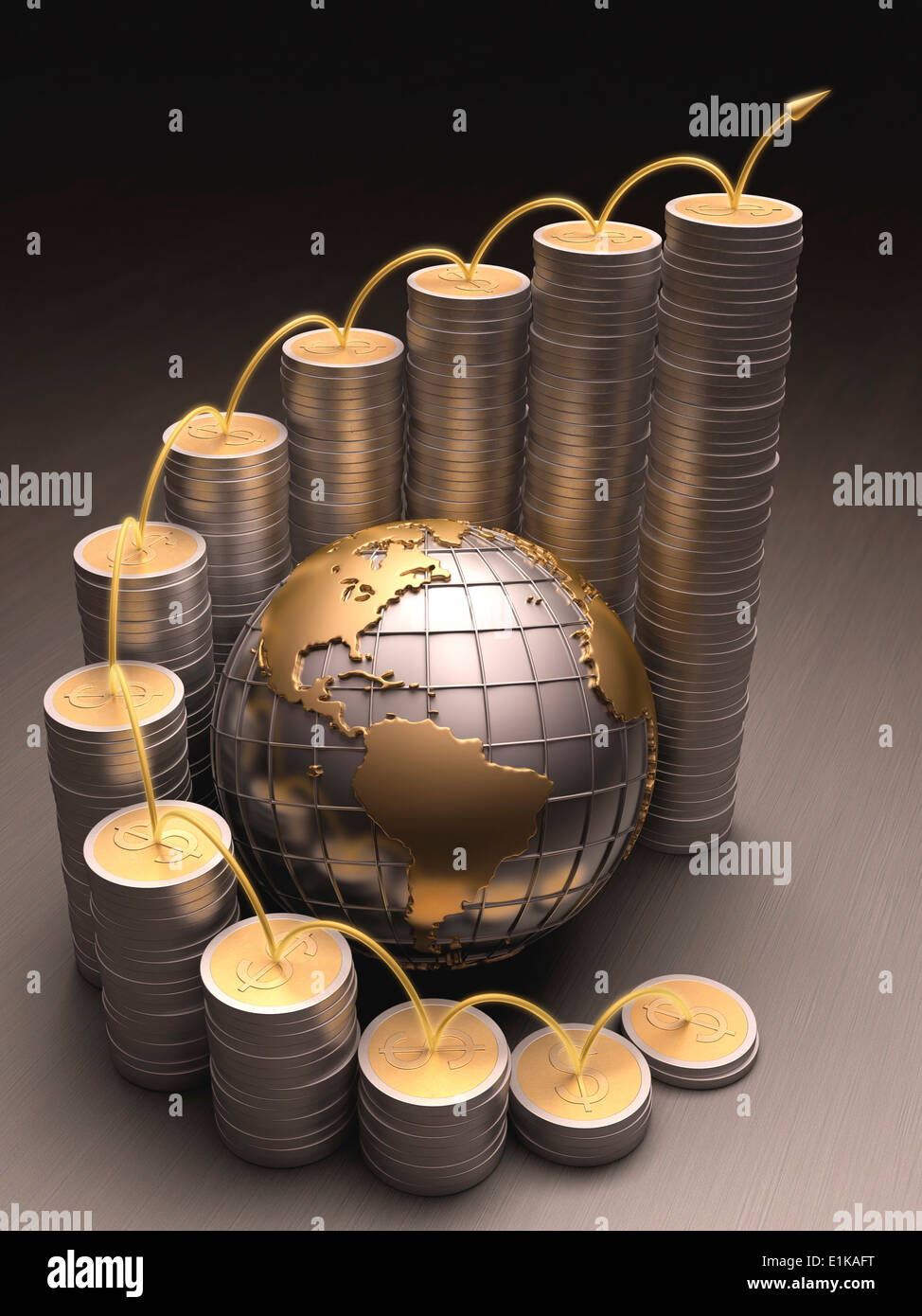 Münzen und Metall Globus Computer Artwork. Stockfoto