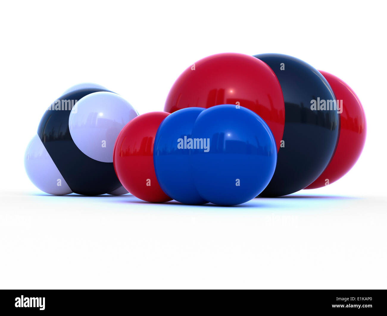 Molekulare Struktur der Treibhausgase Kohlendioxid (rechts) Methan (links) und Lachgas (Mitte) Computer Grafik. Stockfoto