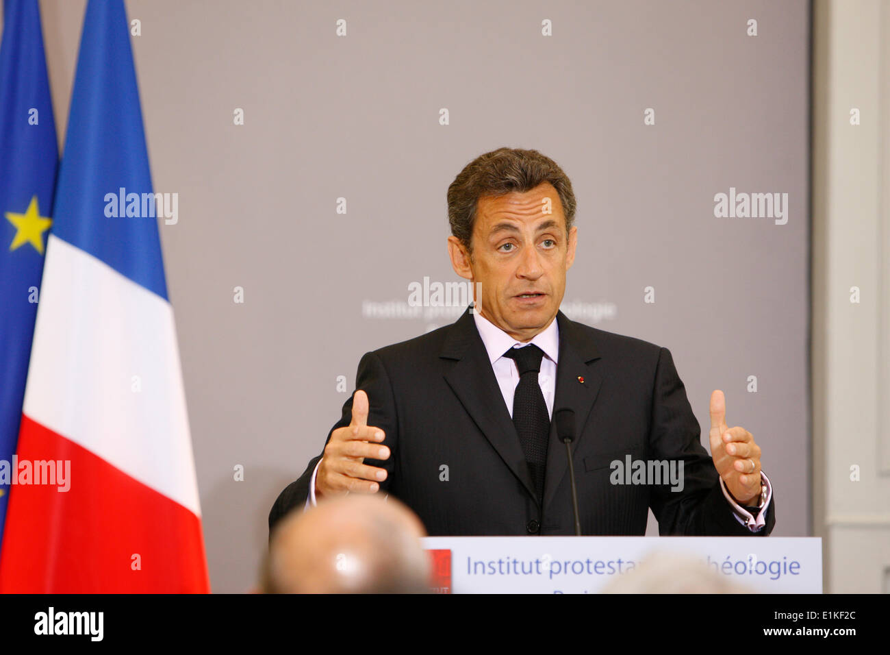 Französischer Präsident Nicolas Sarkozy eine Rede in einer evangelischen Einrichtung Stockfoto
