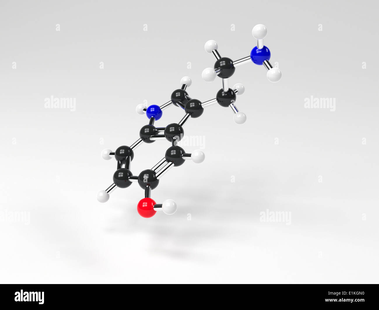 Serotonin-Molekül-Computer-Modell zeigt die Struktur eines Moleküls des Neurotransmitters (Nerv Chemikalie Signalisierung) Stockfoto