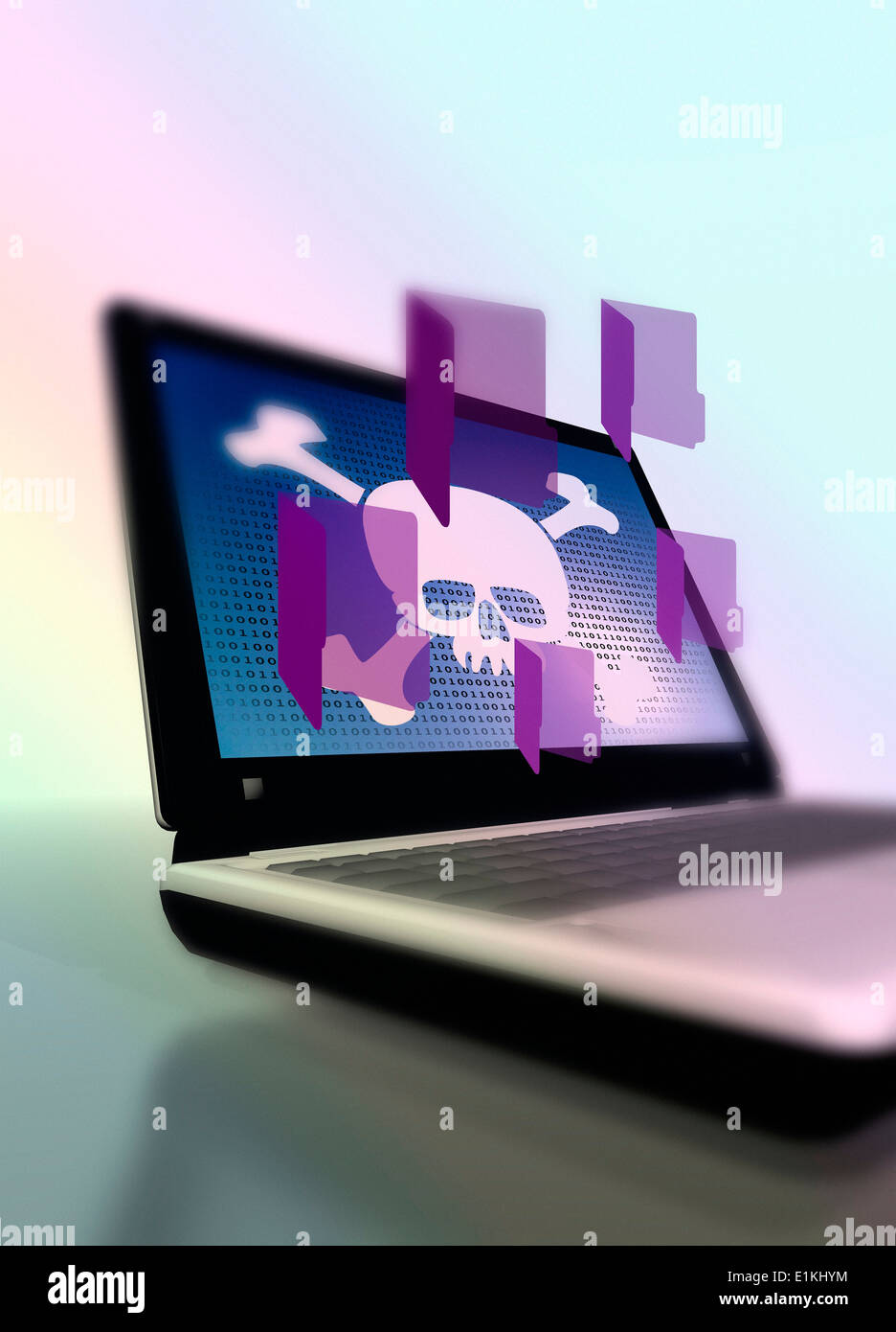 Schädel auf Laptop Daten hacken konzeptuellen Kunstwerk darstellt. Stockfoto
