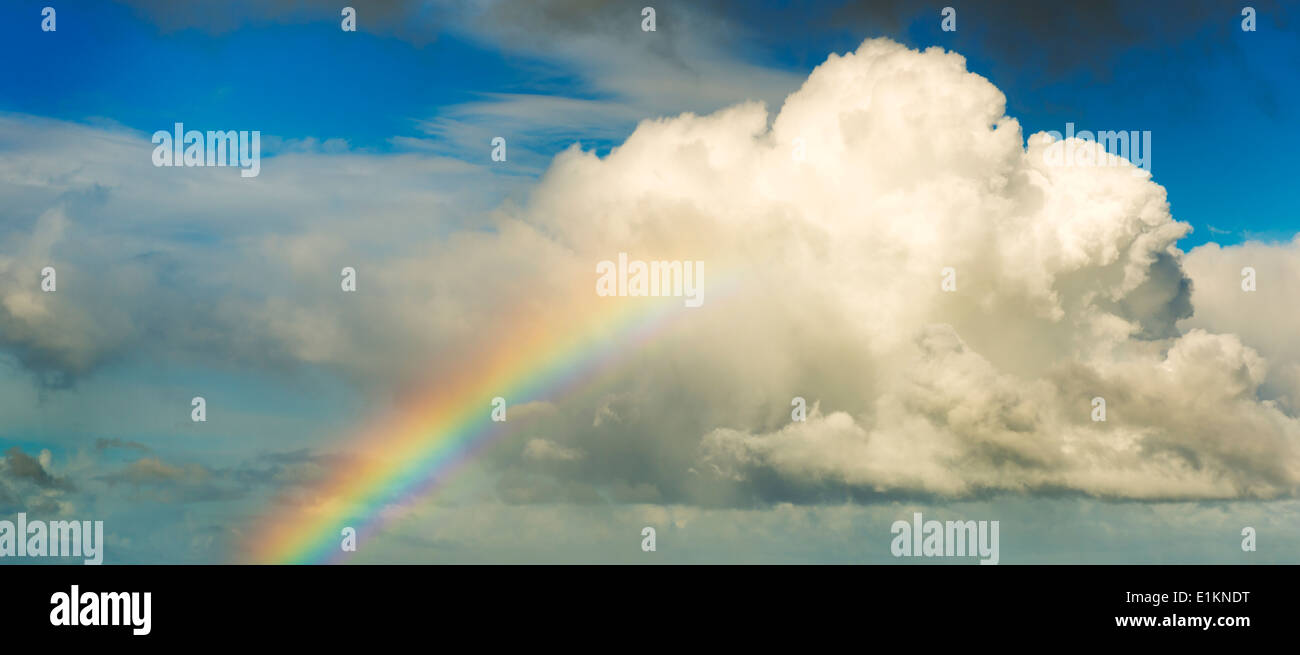Spektakuläre Regenbogen in leuchtenden Farben, eine riesige weiße Wolke mit blauem Himmel aufsteigen Stockfoto