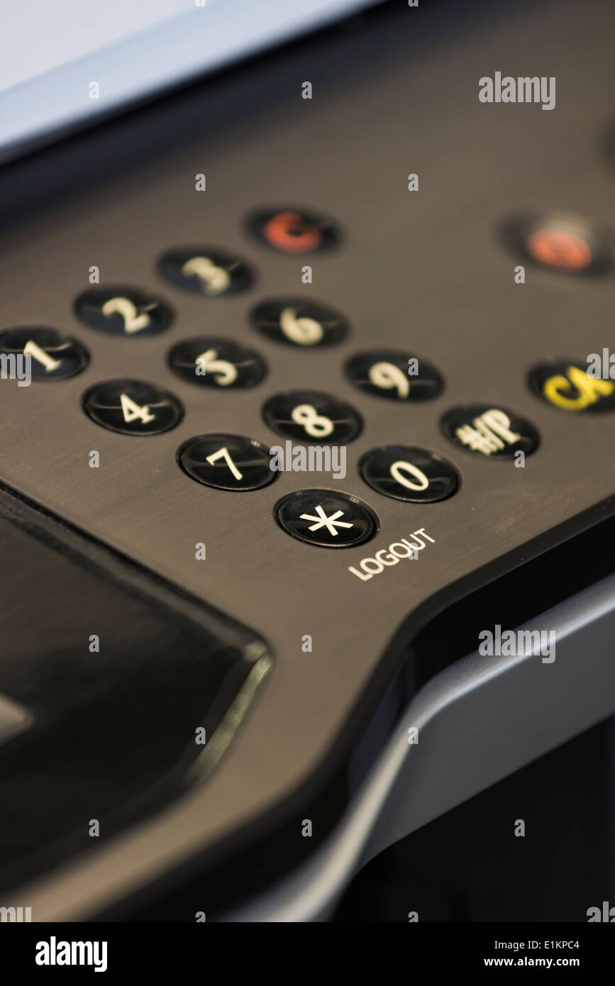 Numerische Tastatur am Bedienfeld des Foto-Kopierer Stockfoto