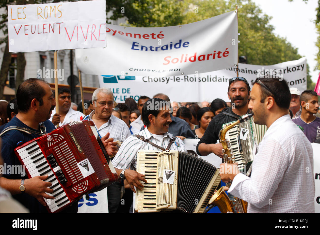 Demonstration gegen Vertreibungen von illegalen Roma Stockfoto