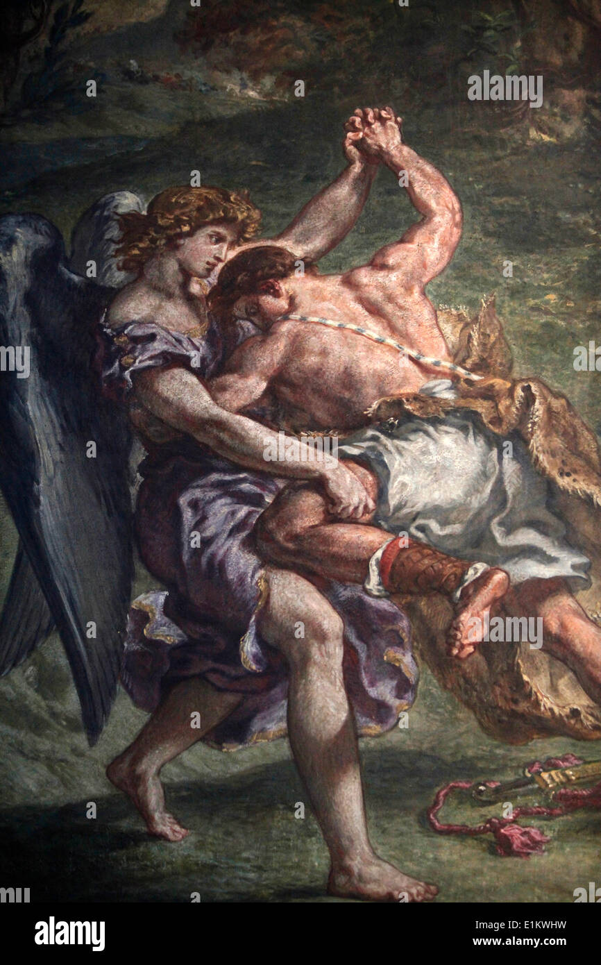 Gemälde von Eug Ne Delacroix in Basilika Saint Sulpice, Paris: Jakobs Kampf mit dem Engel Stockfoto