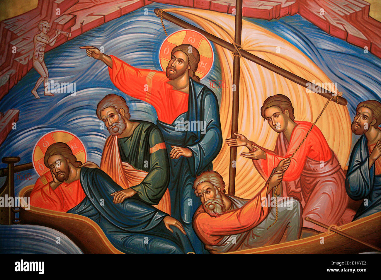 Griechische orthodoxe Ikone darstellt (zweimal gezeigt) Jesus und seinen Jüngern am See Tiberias Stockfoto
