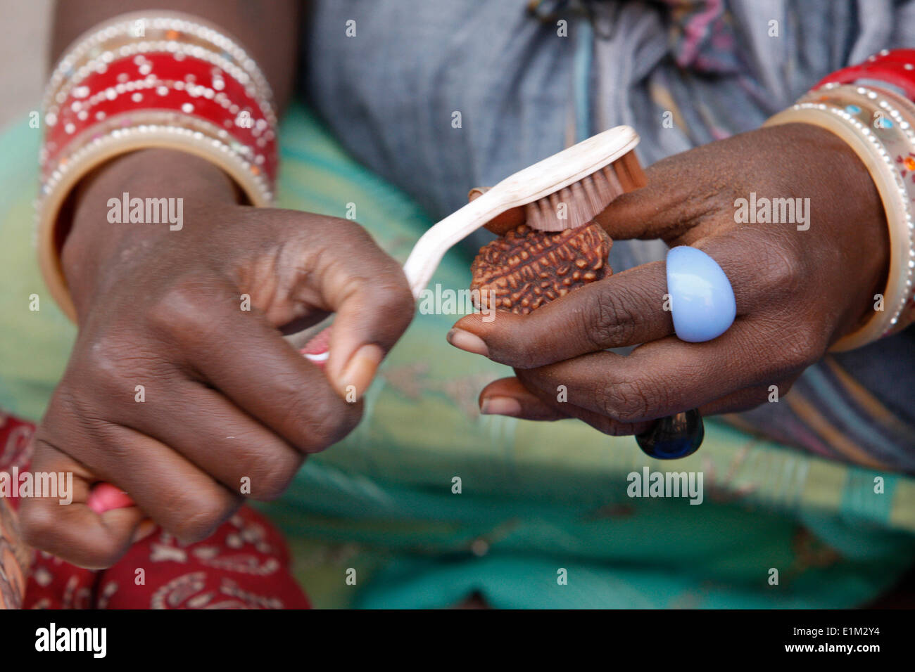 Rudraksha (Gebet Wulst) Polieren Stockfoto