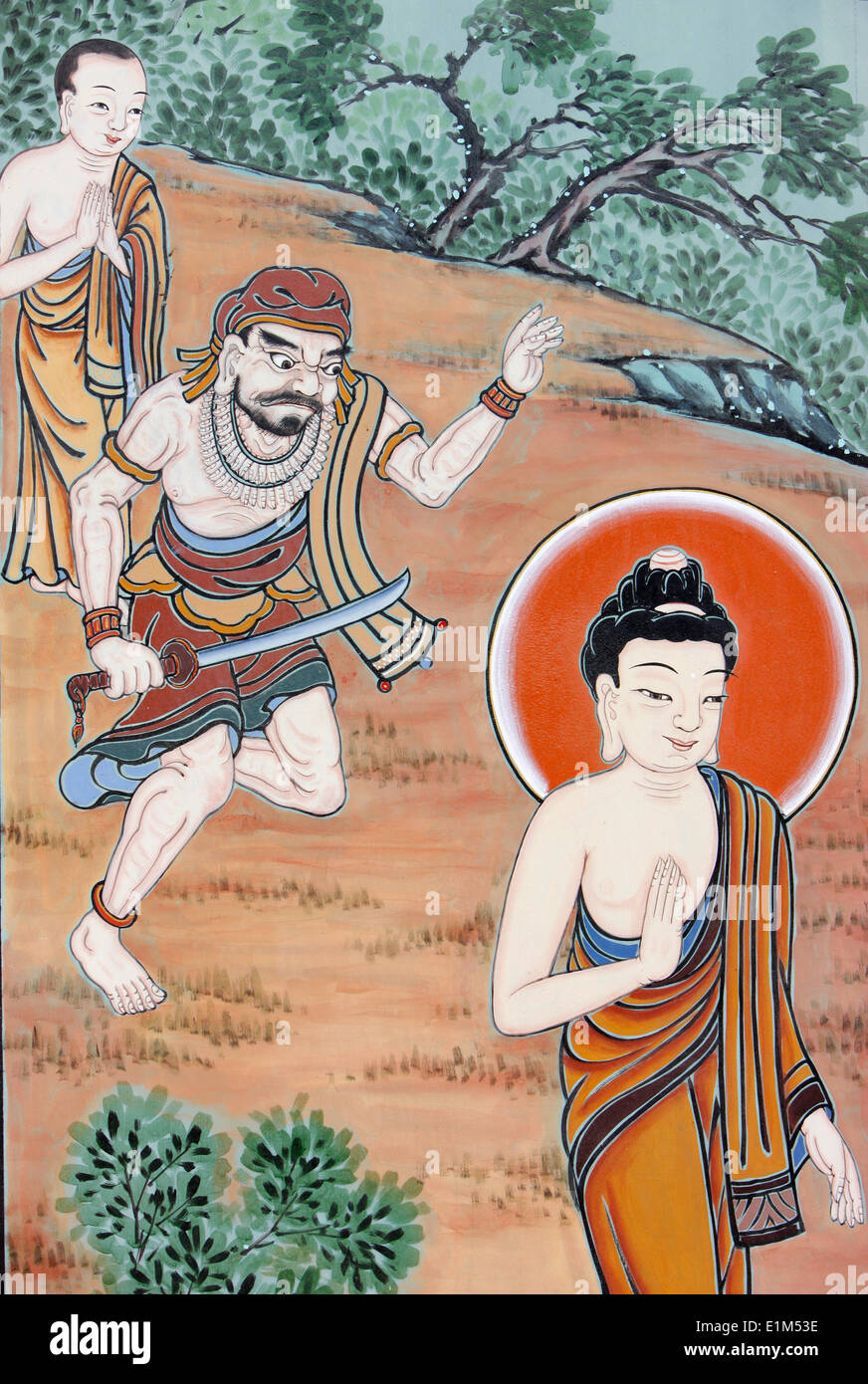 Leben des Buddha. In einer bemerkenswerten Geschichte abgelenkt Buddha Mörder Angulimala töten von seiner eigenen Mutter und 100. Mord Stockfoto