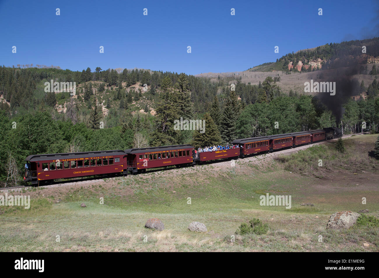 USA, New Mexico und Colorado, Cumbres & Toltec Scenic Railroad, National Historic Landmark, schmale Lehre, Dampflok Stockfoto