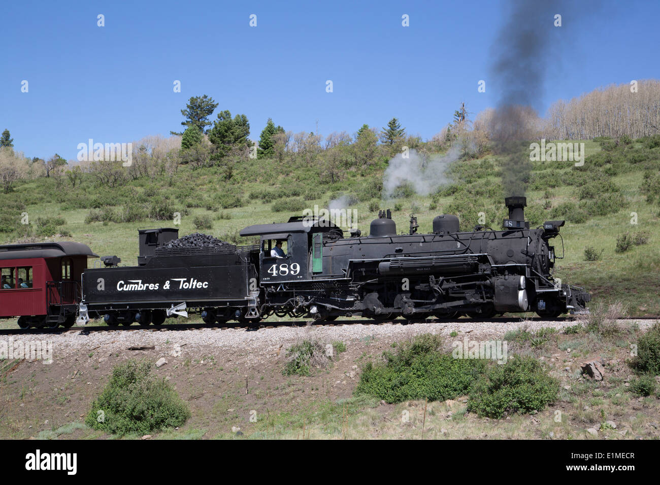 USA, New Mexico und Colorado, Cumbres & Toltec Scenic Railroad, National Historic Landmark, schmale Lehre, Dampflok Stockfoto