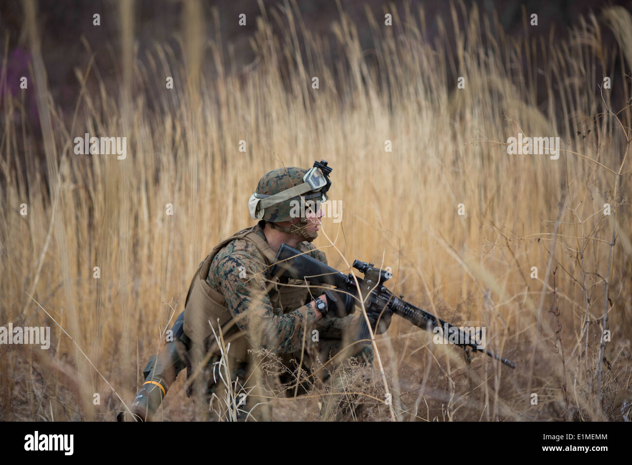 U.S. Marine Corps Lance Cpl. Kyle Hatchison, ein MG-Schütze mit kombiniert Anti-Panzer-Team 2, Waffen Company, 2. Bataillon, Stockfoto