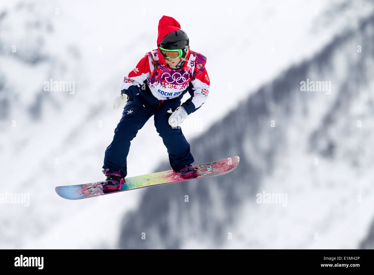 Jenny Jones (GRB) Bronze-Medaillengewinner im Wettbewerb mit Damen Snowboard Slopestyle auf die Olympischen Winterspiele Sotschi 2014 Stockfoto