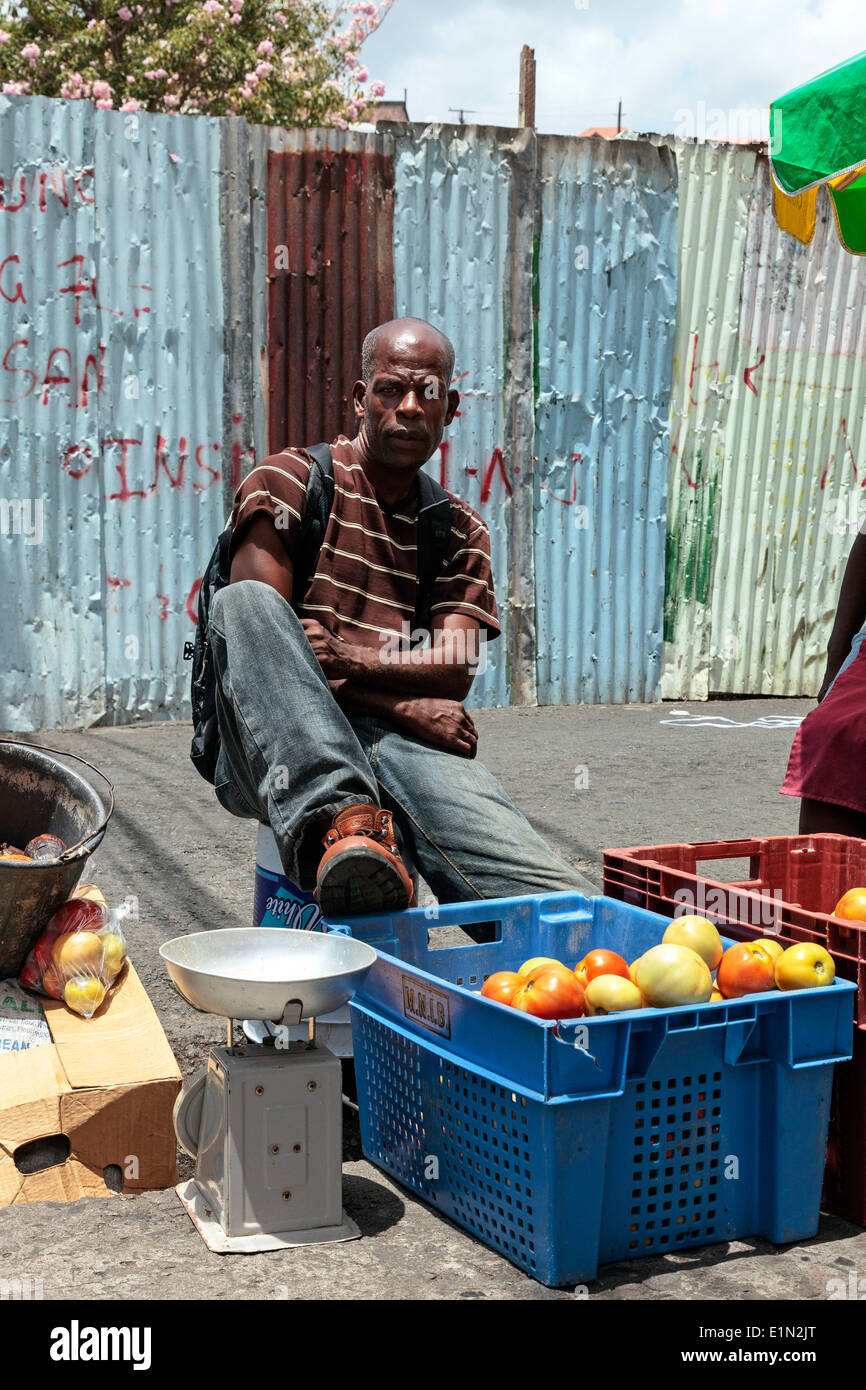 Straßenhändler auf einem lokalen Markt verkaufen, Tomaten und anderes Obst, St. George, Grenada, West Indies Stockfoto Straßenhändler auf einem lokalen Markt verkaufen, Tomaten und anderes Obst, St. George, Grenada, West Indies Stockfoto