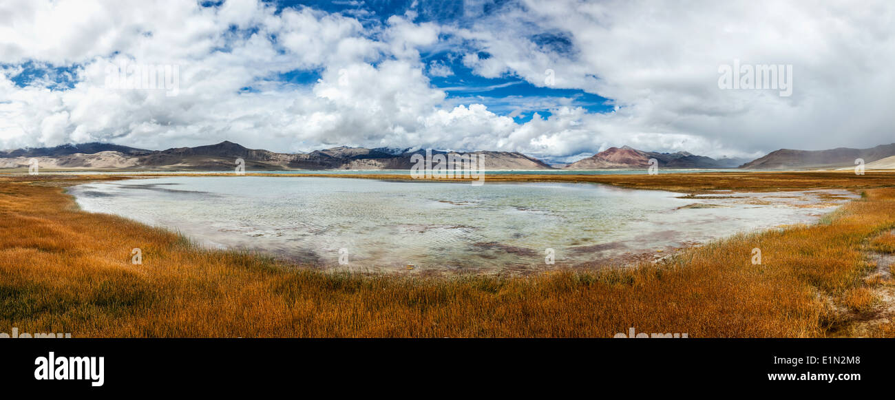 Panorama von Tso Kar - schwankende Salzsee im Himalaya. Rapshu, Ladakh, Jammu und Kaschmir, Indien Stockfoto