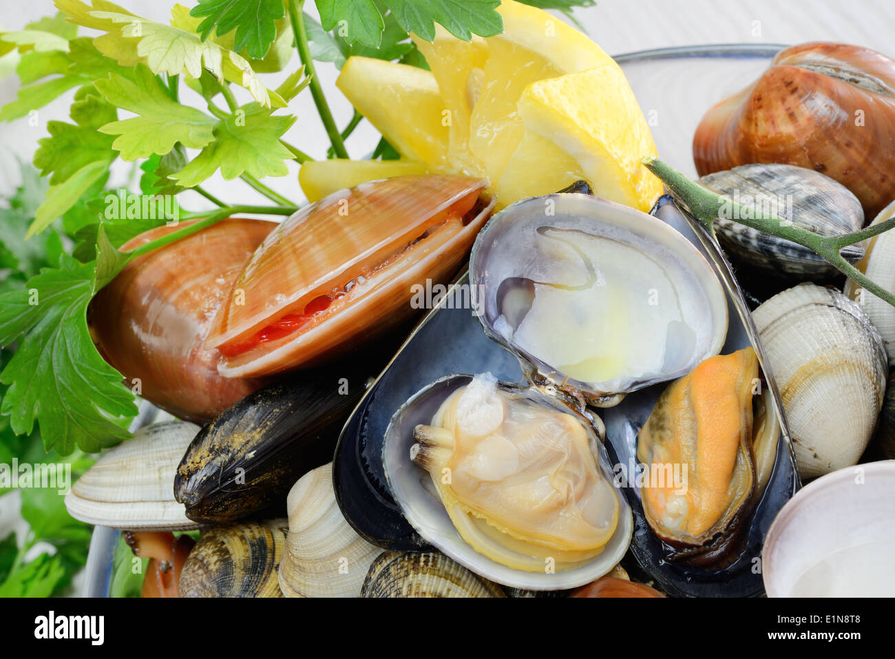 rohen Meeresfrüchten genannt Fasolari live wieder mit Zitrone und Spaghetti Nudeln Zutaten Stockfoto