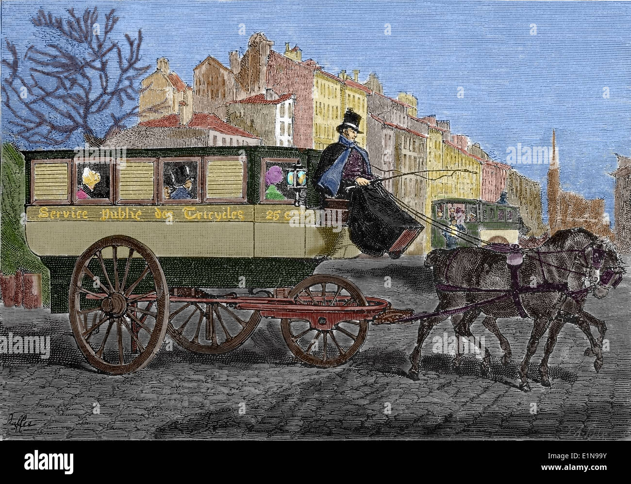 Omnibus. Kupferstich, 19. Jahrhundert. Spätere Färbung. Europa. Stockfoto