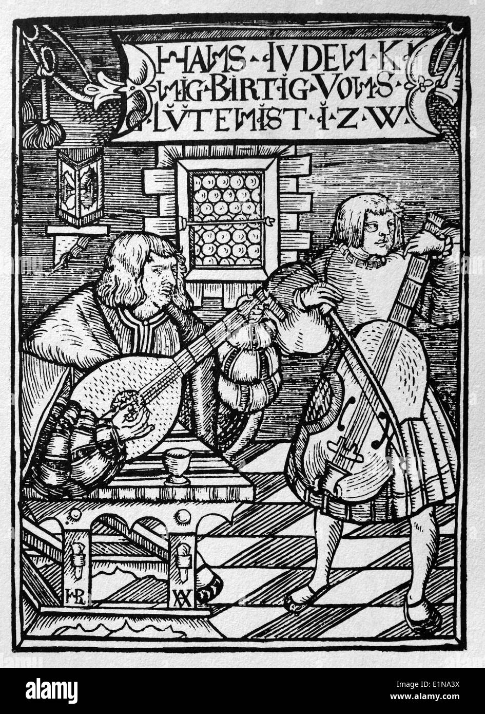 Renaissance. 16. Jahrhundert. Musiker spielen laute und Cello. Konzert. Gravur. Stockfoto
