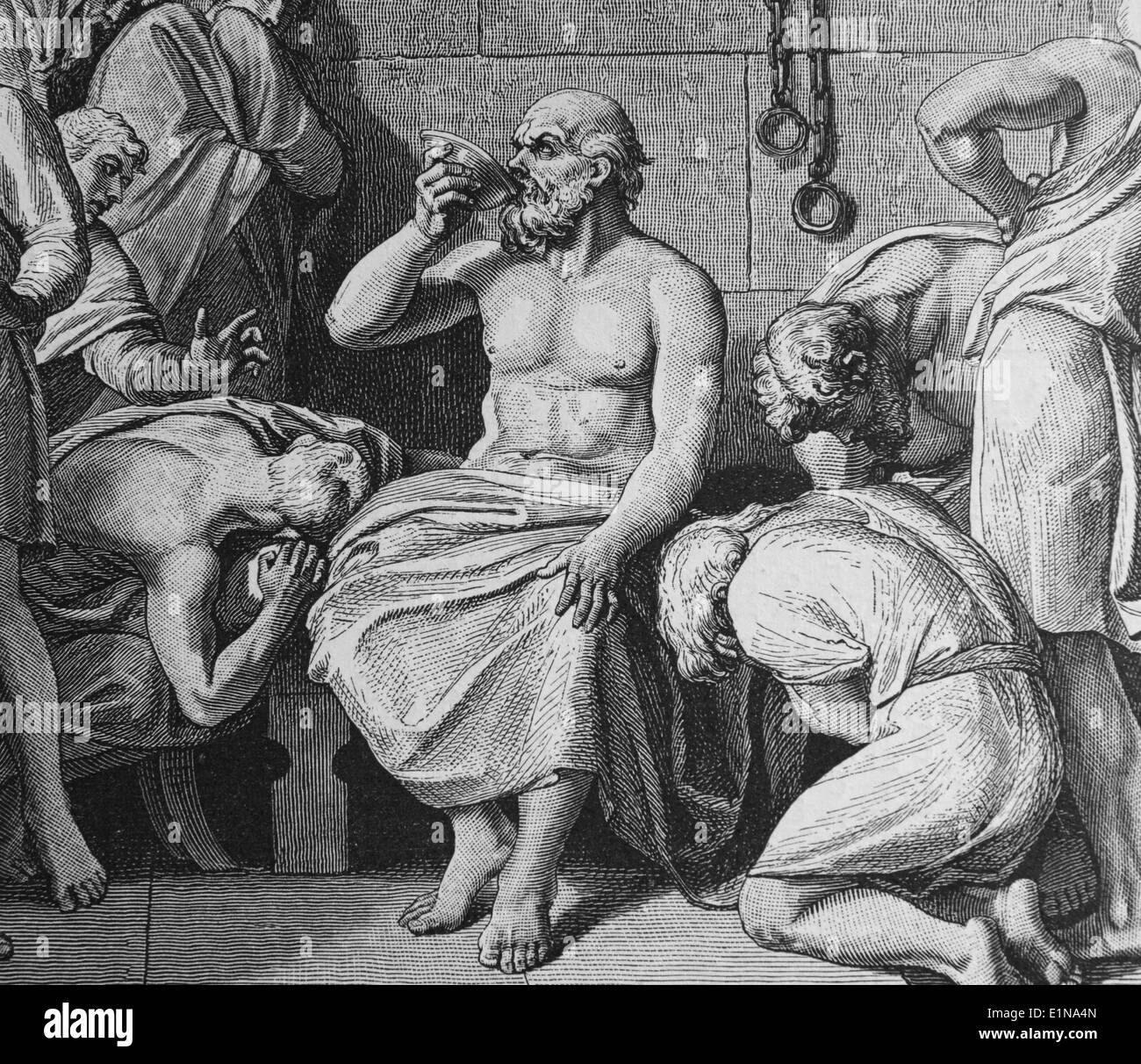 Tod des Sokrates (469-399 v. Chr.) durch das Trinken von Poison. Klassischer griechischer Philosoph. Kupferstich, 1880. Griechenland und Rom. Stockfoto