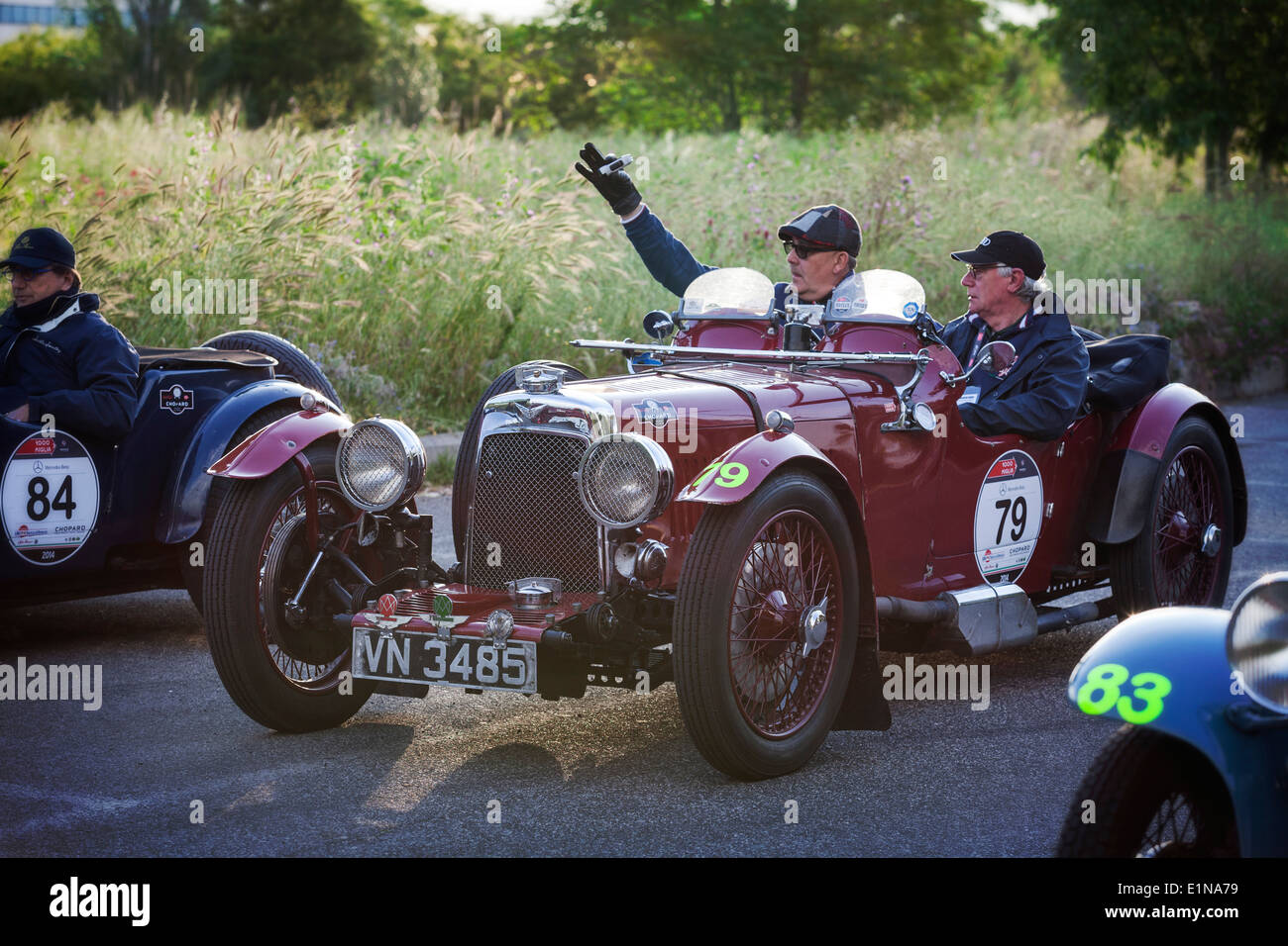 Ein 1931 Aston Martin Le Mans Auto an der Mille Miglia-Rallye für Oldtimer zwischen 1927 und 1957 über 1000 Meilen laufen Stockfoto