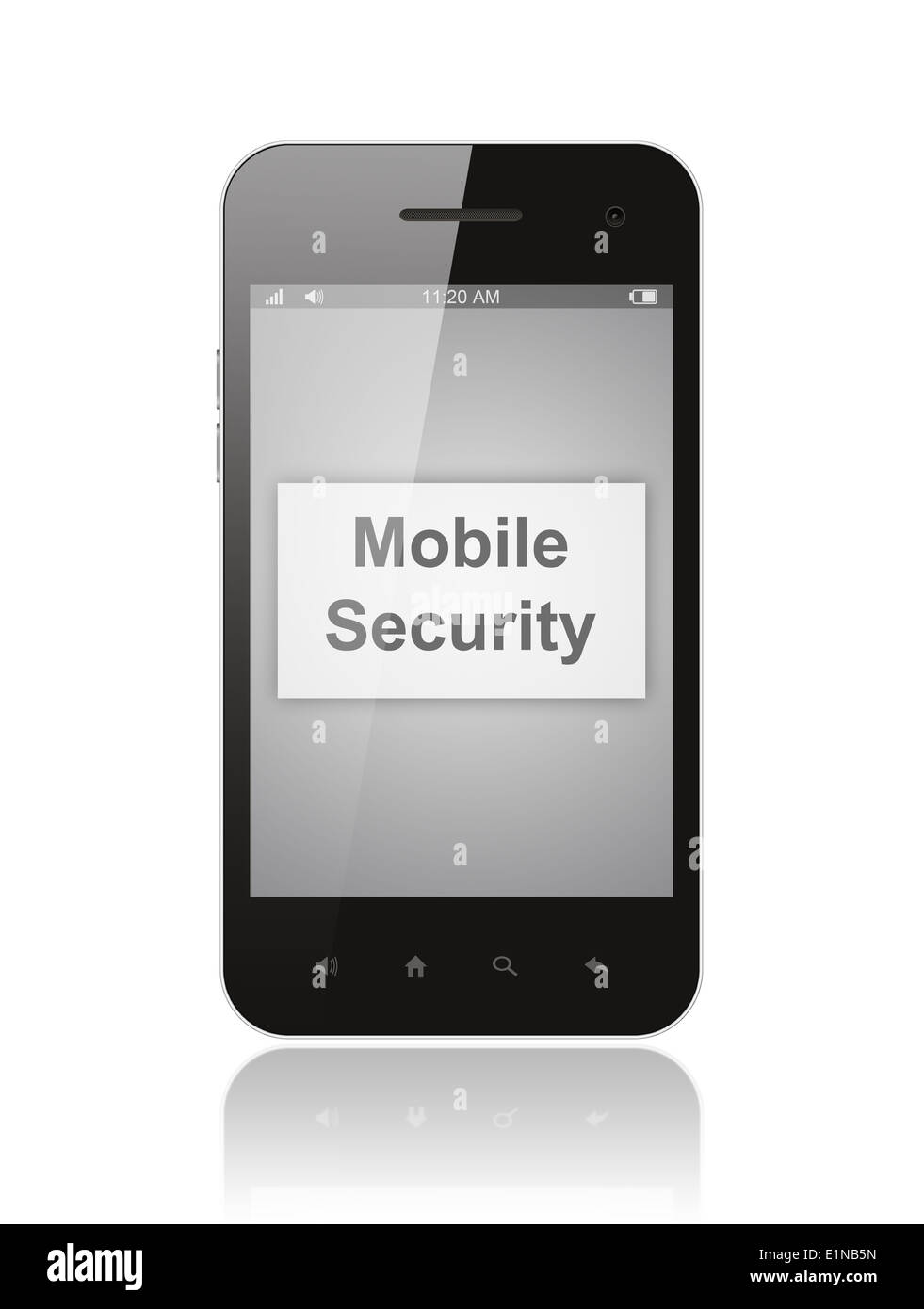 Smartphone mit mobile Security-Taste auf seinem Schirm isoliert auf weißem Hintergrund. Stockfoto