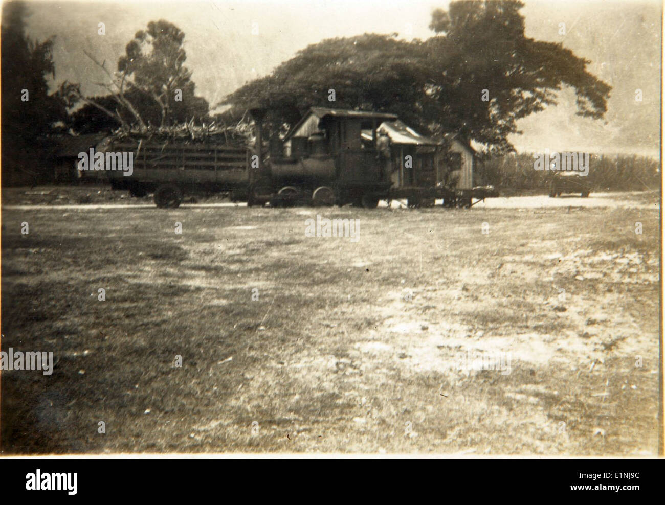 Dieses Bild aus der Karle Criss Special Collection zeigt eine Dampfeselmaschine, die historisch in Zuckerrohrplantagen verwendet wurde. Die dampfbetriebene Maschine war ein integraler Bestandteil der Zuckerverarbeitung und demonstrierte die frühe industrielle Technologie in Hawaii. Stockfoto