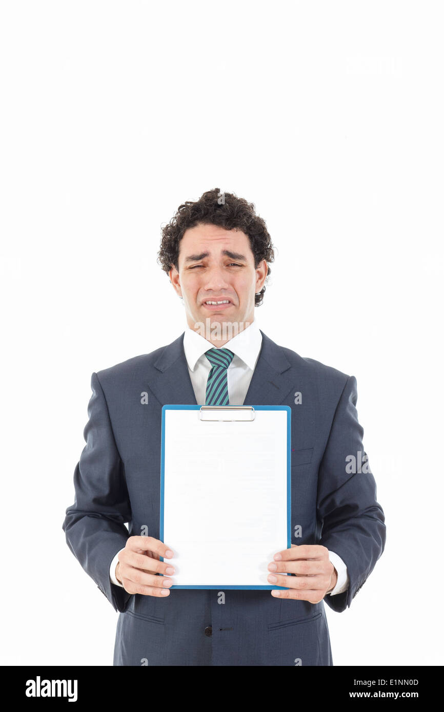 Geschaftsmann Mit Leeren Weissen Message Board Mit Traurigen Ausdruck Unglucklicher Mensch Mit Leeren Schild Fur Raum Text Kopieren Stockfotografie Alamy