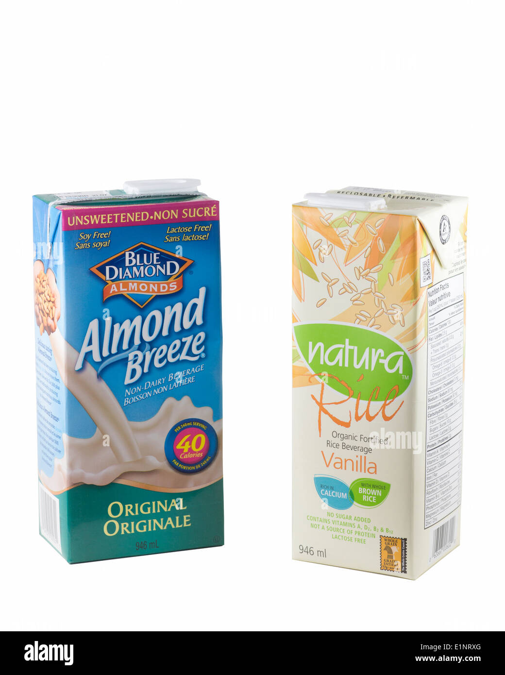 Pakete von Milch und Reis Mandelmilch Stockfoto