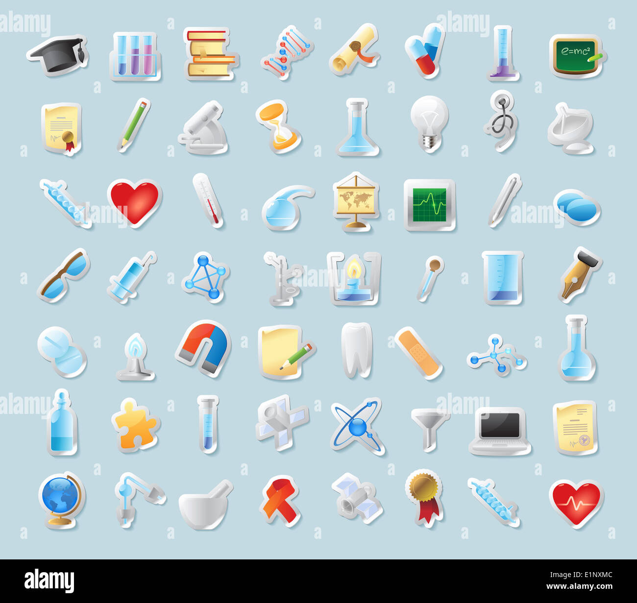 Aufkleber-Set-Taste. Symbole für Wissenschaft, Medizin und Bildung. Stockfoto