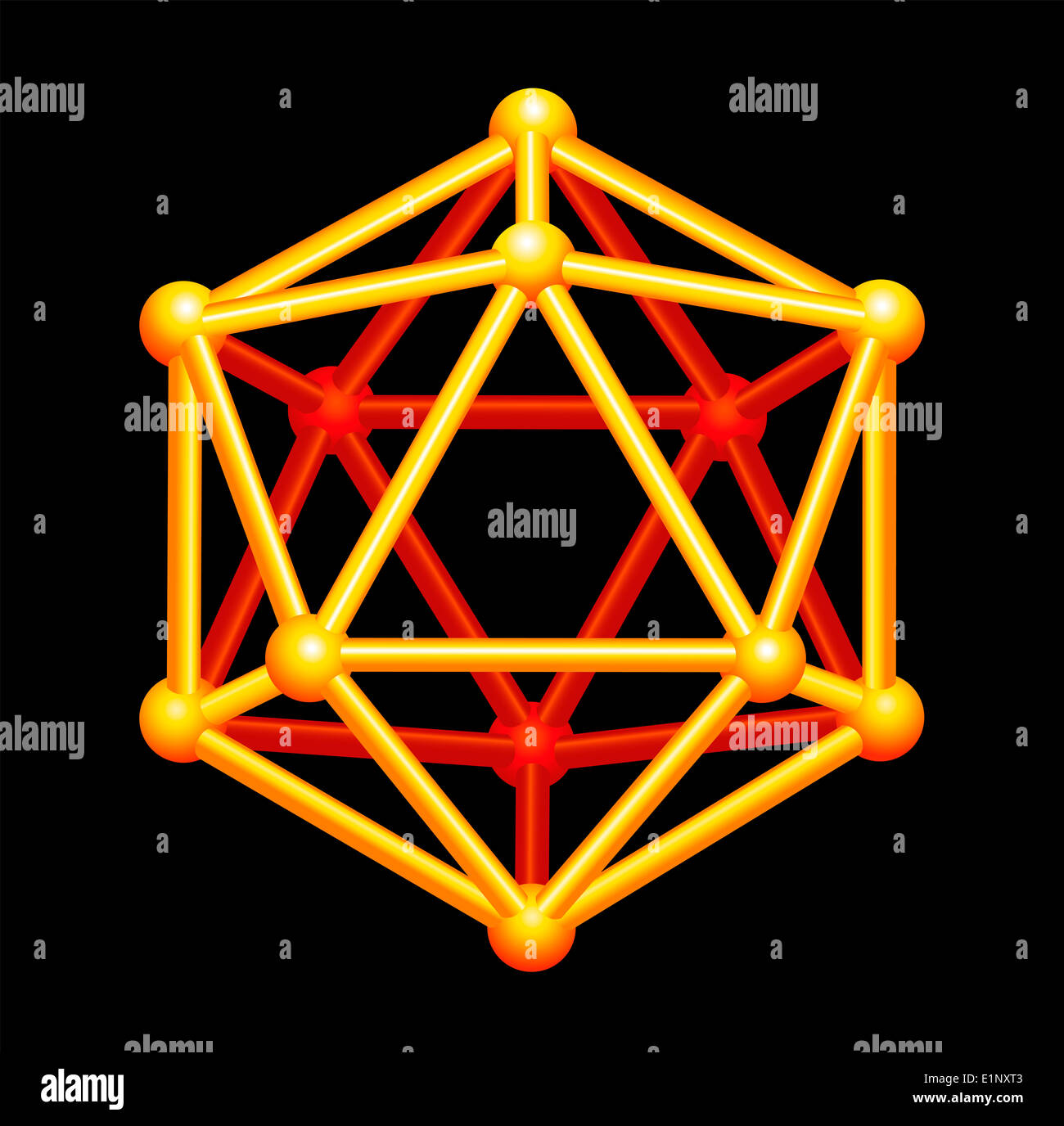 Ikosaeder Gold dreidimensionale Form - platonischen Festkörper in Geometrie, ein Polyeder mit zwanzig dreieckige Flächen Stockfoto