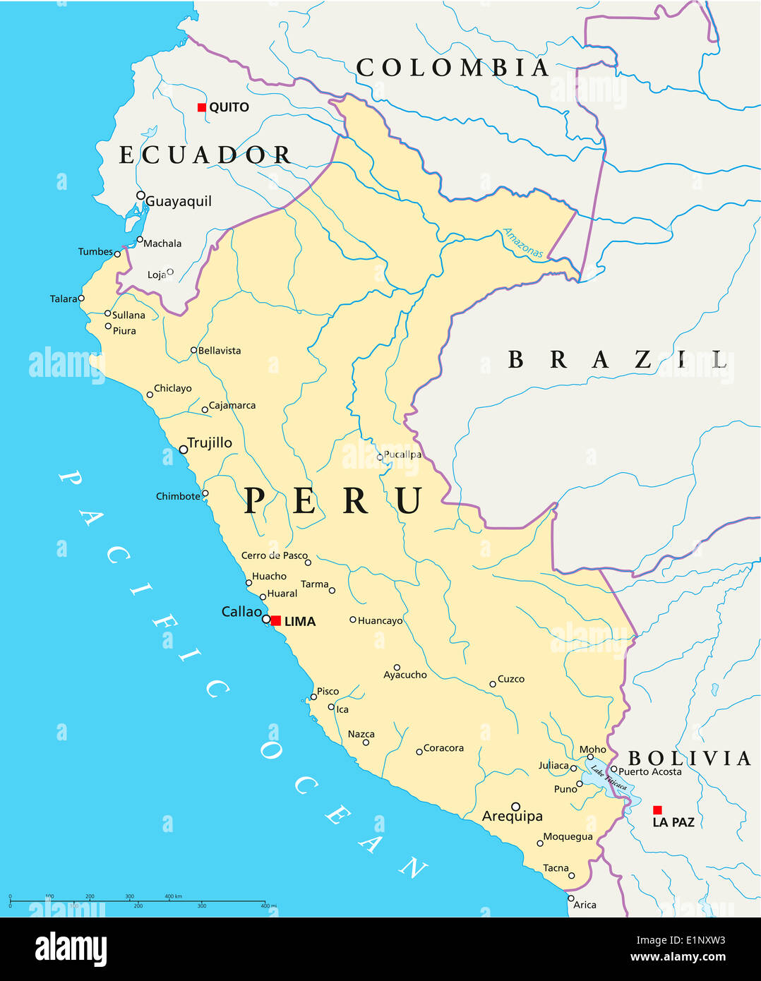 Peru politische Karte mit Hauptstadt Lima, Landesgrenzen, die wichtigsten Städte, Flüsse und Seen. Englische Beschriftung und Skalierung Stockfoto