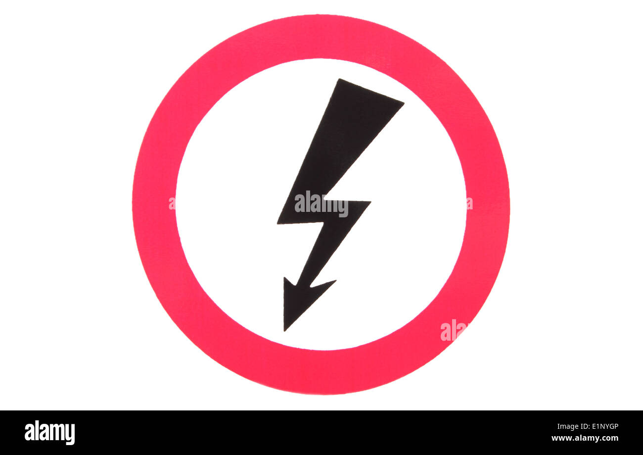 Hohe Spannung Gefahr, Hochspannung Gefahrenzeichen, elektrische Symbol, schwarze Donner und roter Kreis Stockfoto