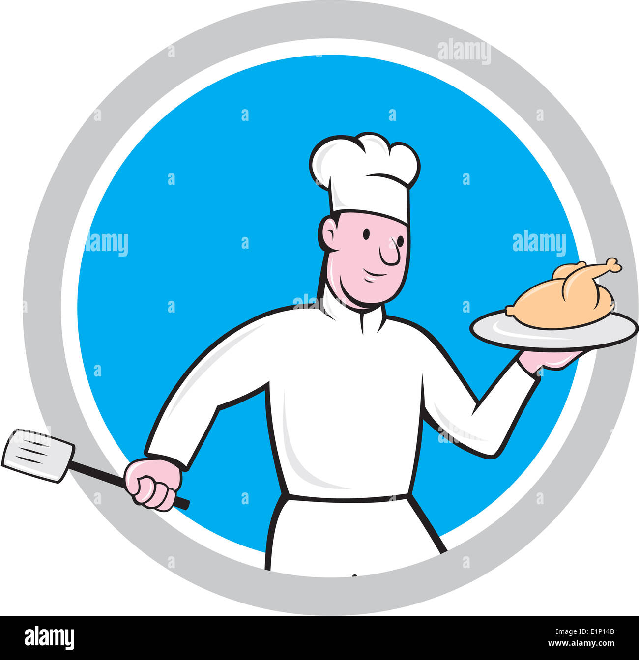 Abbildung eines Chef-Kochs Halteplatte mit Huhn in einer Hand und Spachtel auf andere Hand Vorderansicht auf isolierte Hintergrund getan im Cartoon-Stil in Kreis gesetzt. Stockfoto