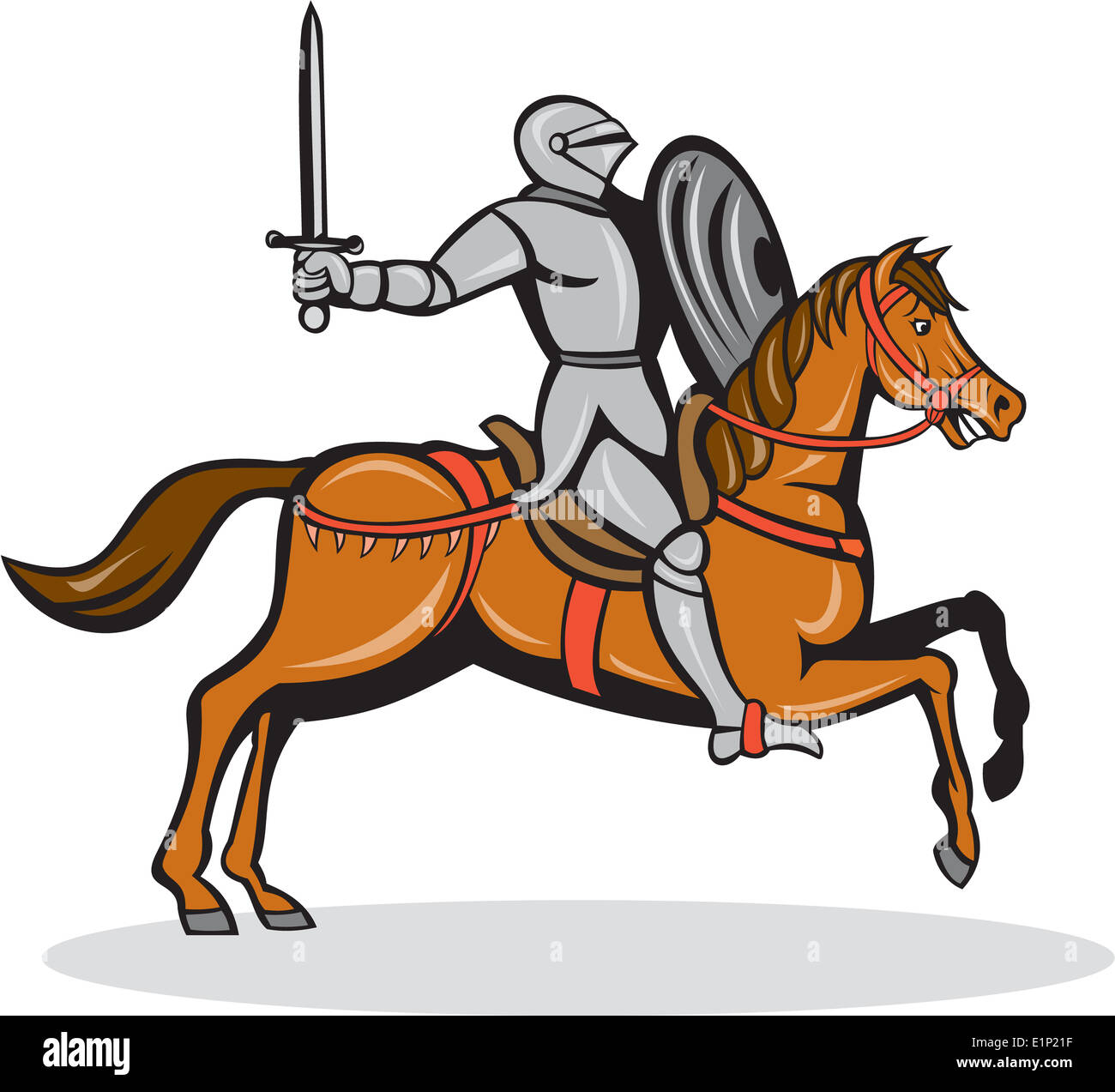 Illustration der Ritter in voller Rüstung Reiten Pferd Pferd mit Schwert und Schild zugewandten Seite auf isoliert Hintergrund getan im Cartoon-Stil. Stockfoto