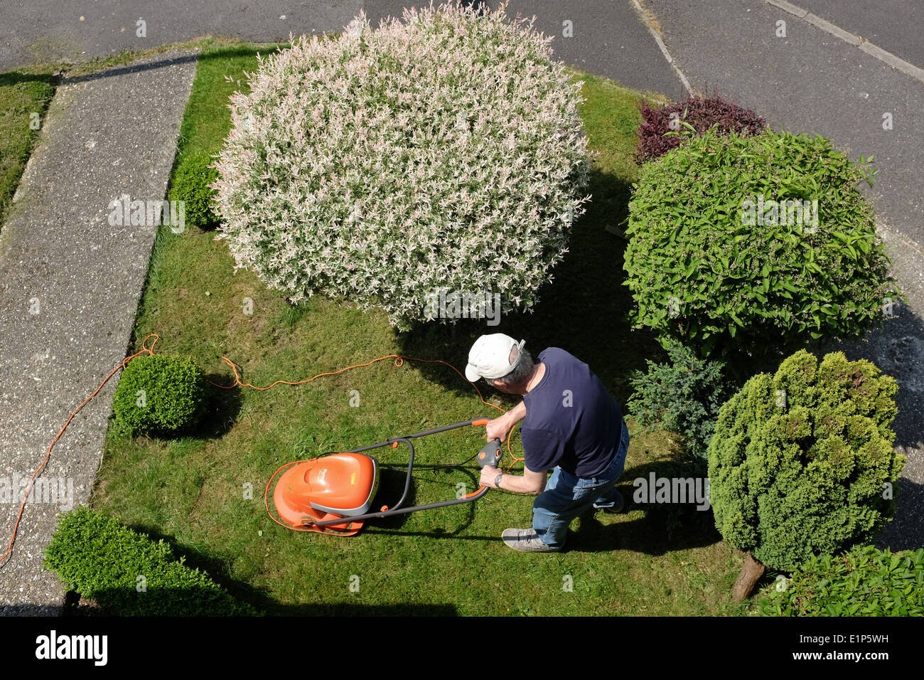 Ein Mann, einen Garten Rasen zu mähen, mit einem elektrischen Rasenmäher. Stockfoto
