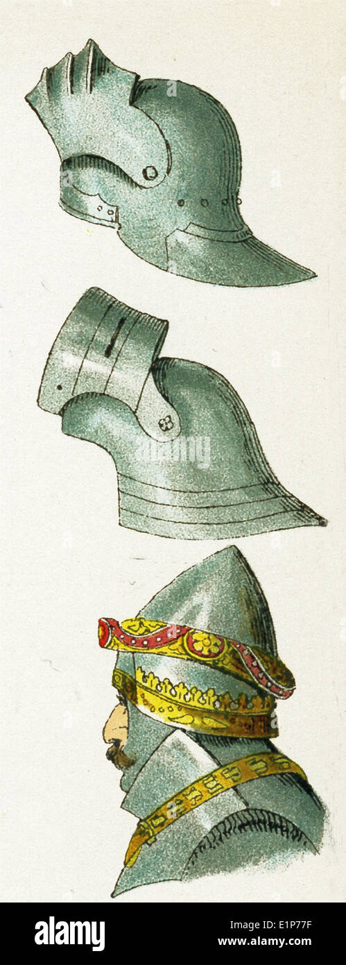 Hier sind Zeichnungen von drei Helme aus dem Mittelalter in Europa gezeigt – um das Jahr 1400. Die Abbildung stammt bis 1882. Stockfoto