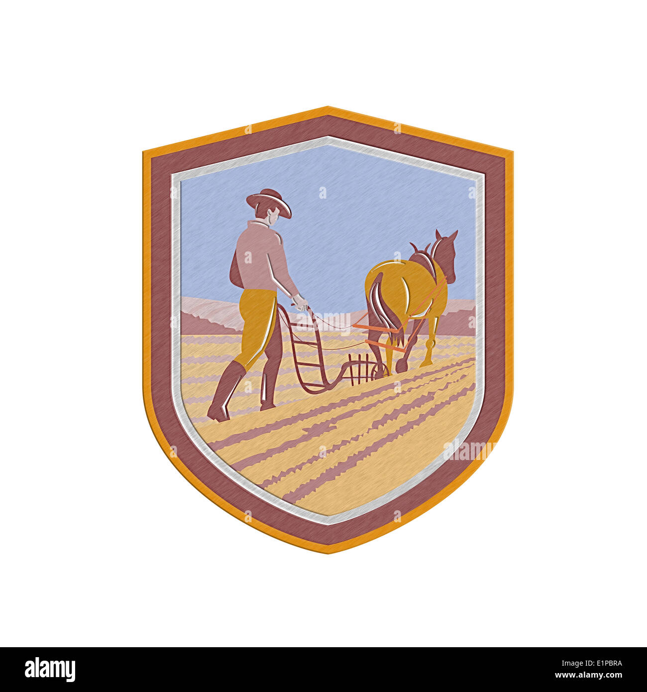 Metallische gestylt Illustration der Landwirt und Pferd Pflügen Hof Feld angesehen von hinten im Inneren Wappen Schild getan im retro-Stil Stockfoto