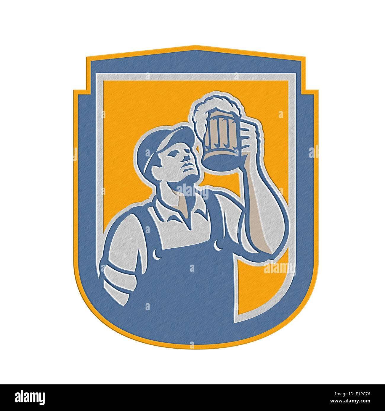 Metallische gestylt Abbildung eines Barkeeper Arbeitnehmers Toasten Becher Bier Ale heute eingerichtet im inneren Kreis auf isolierten weißen backgr Stockfoto