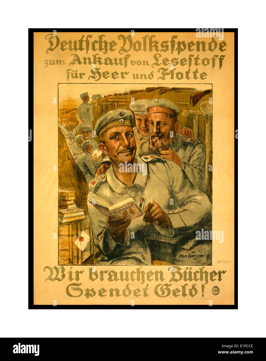 WW 1 Propaganda Deutsche Appell für Bücher und Geld Plakat für Soldaten in den Schützengräben dienen Stockfoto