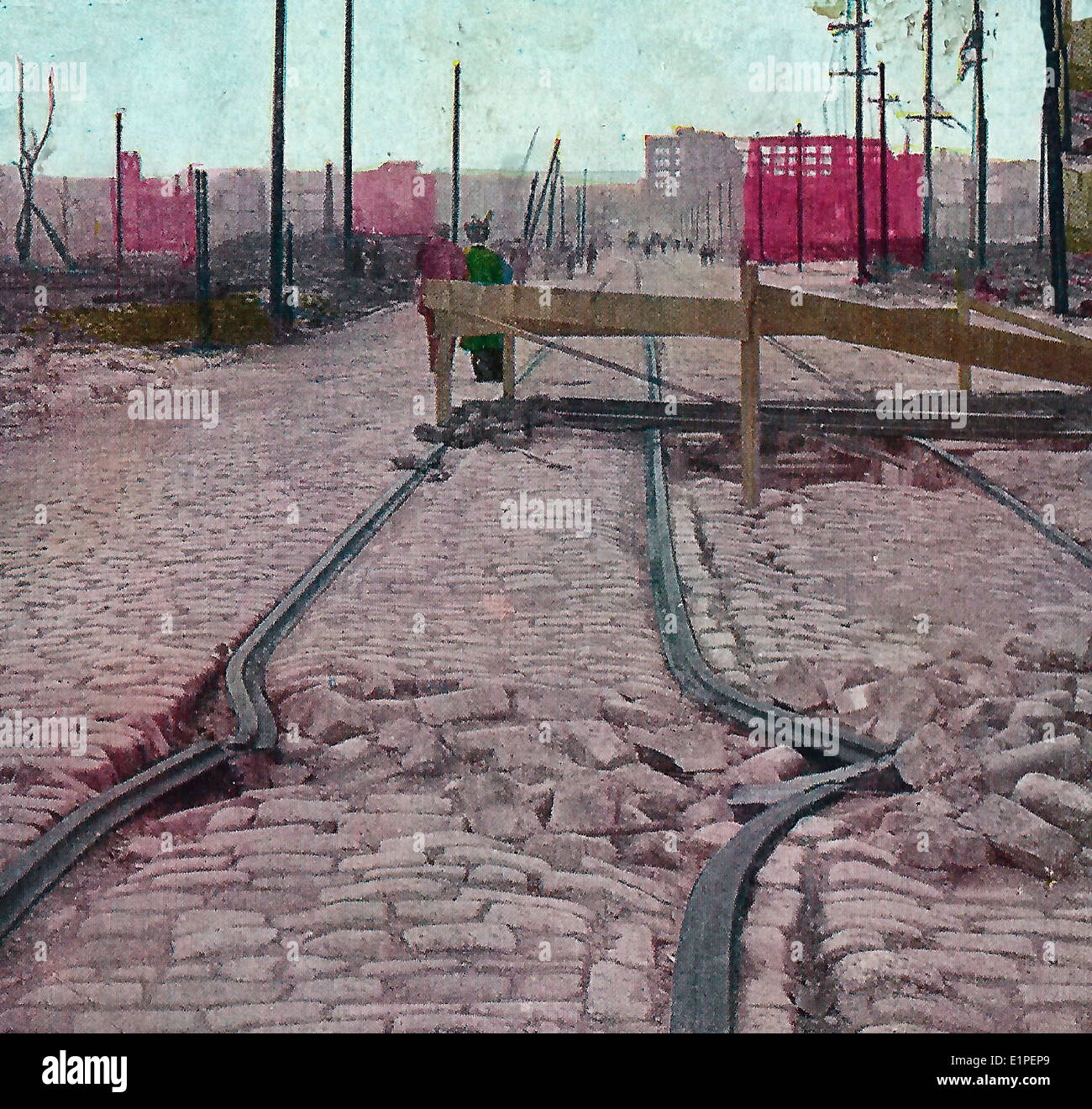 Mission Street Auto Track und Pflaster zeigt die unwiderstehliche Macht des Erdbebens, San Francisco, Kalifornien, 18. April 1906 Stockfoto