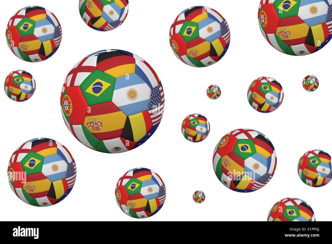 Fußbälle in internationalen Fahnen Stockfoto