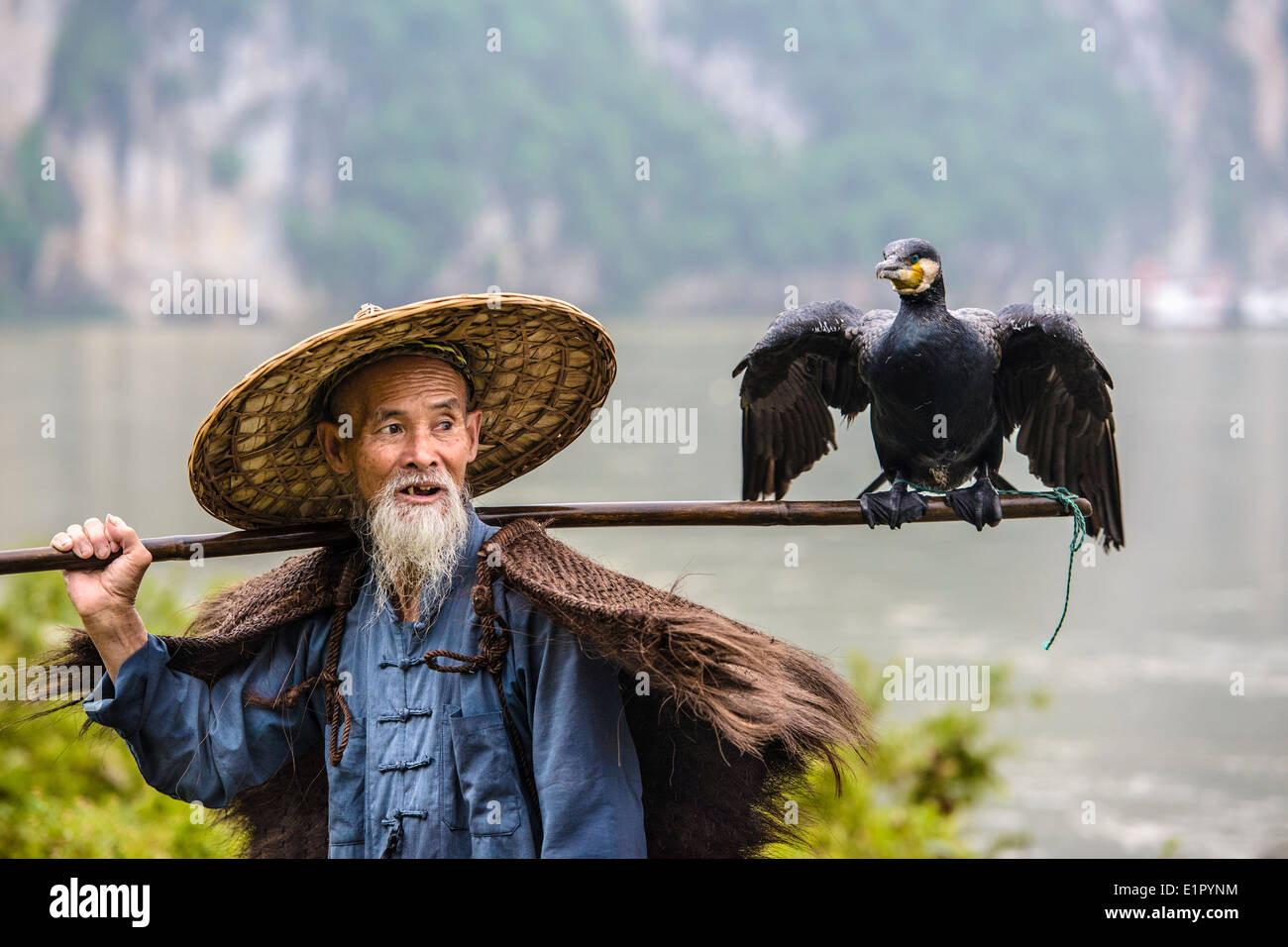 Kormoran Fischer und seinem Vogel auf dem Li-Fluss in Yangshuo, Guangxi, China. Stockfoto