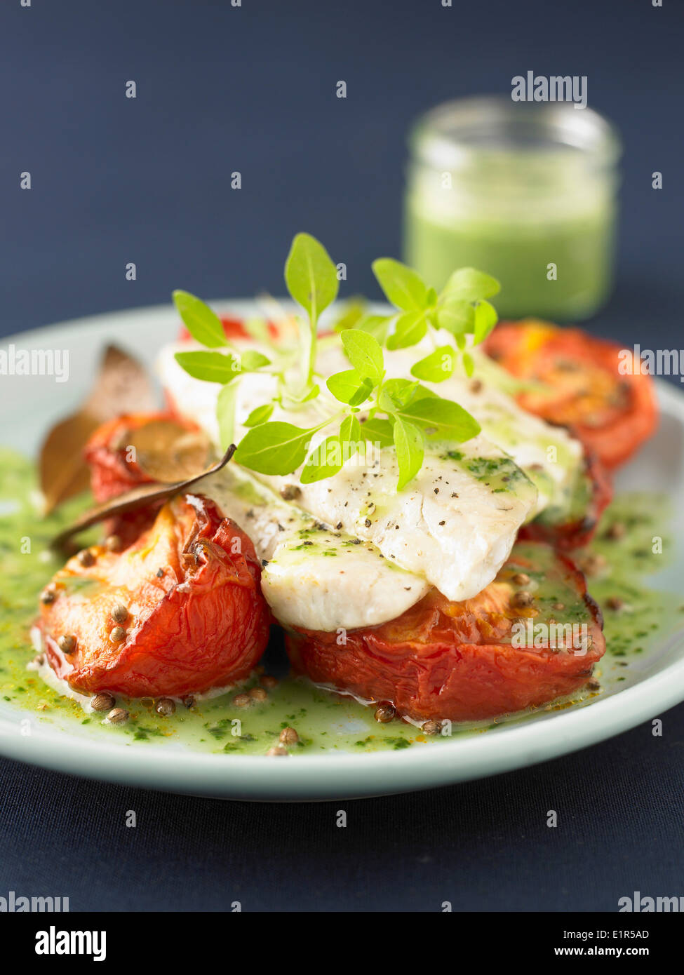 Geröstete Bass-Filet mit geschmorten Tomaten und Kräutersauce Stockfoto
